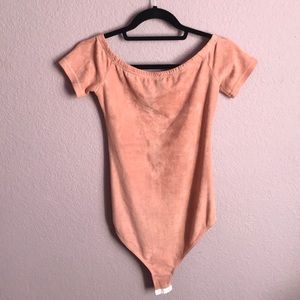 Light pink velvet off the shoulder bodysuit